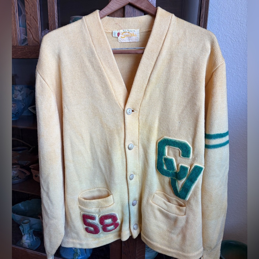 Smith’s vintage wool cardigan, Letterman sweater yellow with patches size 46